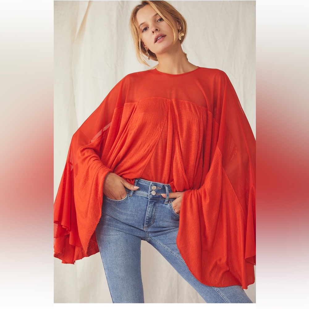 Free People On the Weekend Boxy Bell Sleeve Blouse in Vibrant Red